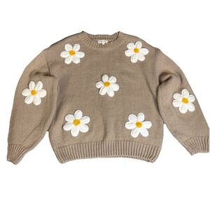 Luzabelle Chunky Sweater Embroidered Daisies Tan Womens‎ S/M Oversized Boho Cozy
